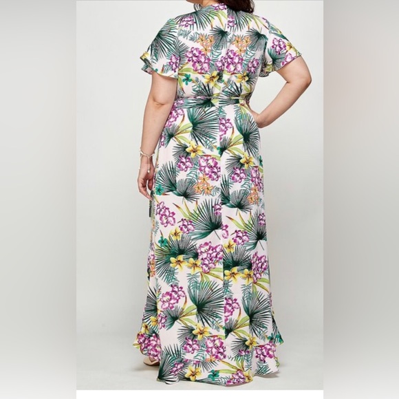 NWT Purple White Multi Tropical Print V Neck Plus Size Wrap Dress Bohemian - Picture 4 of 8